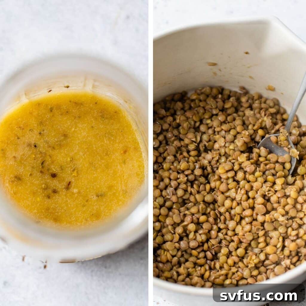 On the left, a glass jar filled with the vibrant zesty salad dressing. On the right, a large bowl contains perfectly cooked brown lentils, ready to be mixed into the salad.