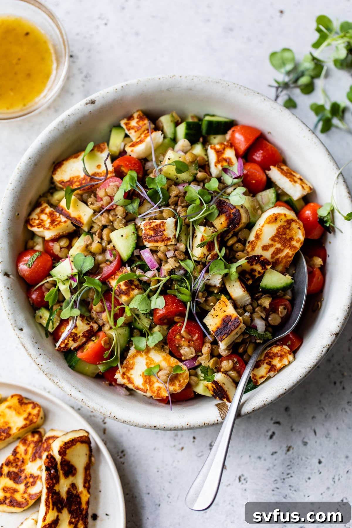 A large, inviting bowl of Halloumi Lentil Salad, generously filled with cooked lentils, bright grape tomatoes, crisp cucumber, and perfectly chopped pieces of golden-brown fried halloumi cheese, ready to be enjoyed.