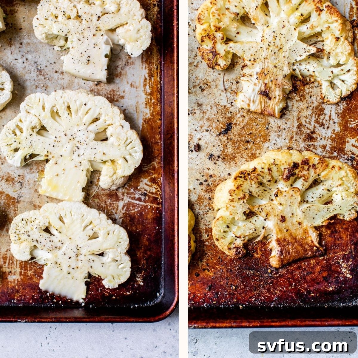 Roasted cauliflower on a baking sheet, seasoned with olive oil, salt, and pepper.
