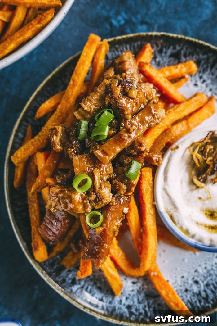 A generous serving of loaded sweet potato fries, showcasing the rich pork, vibrant green onions, and savory dipping sauce.