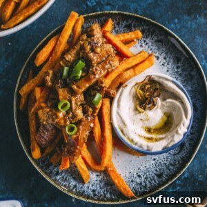 loaded sweet potato fries topped with honey ginger pork+caramelized onion dipping sauce!