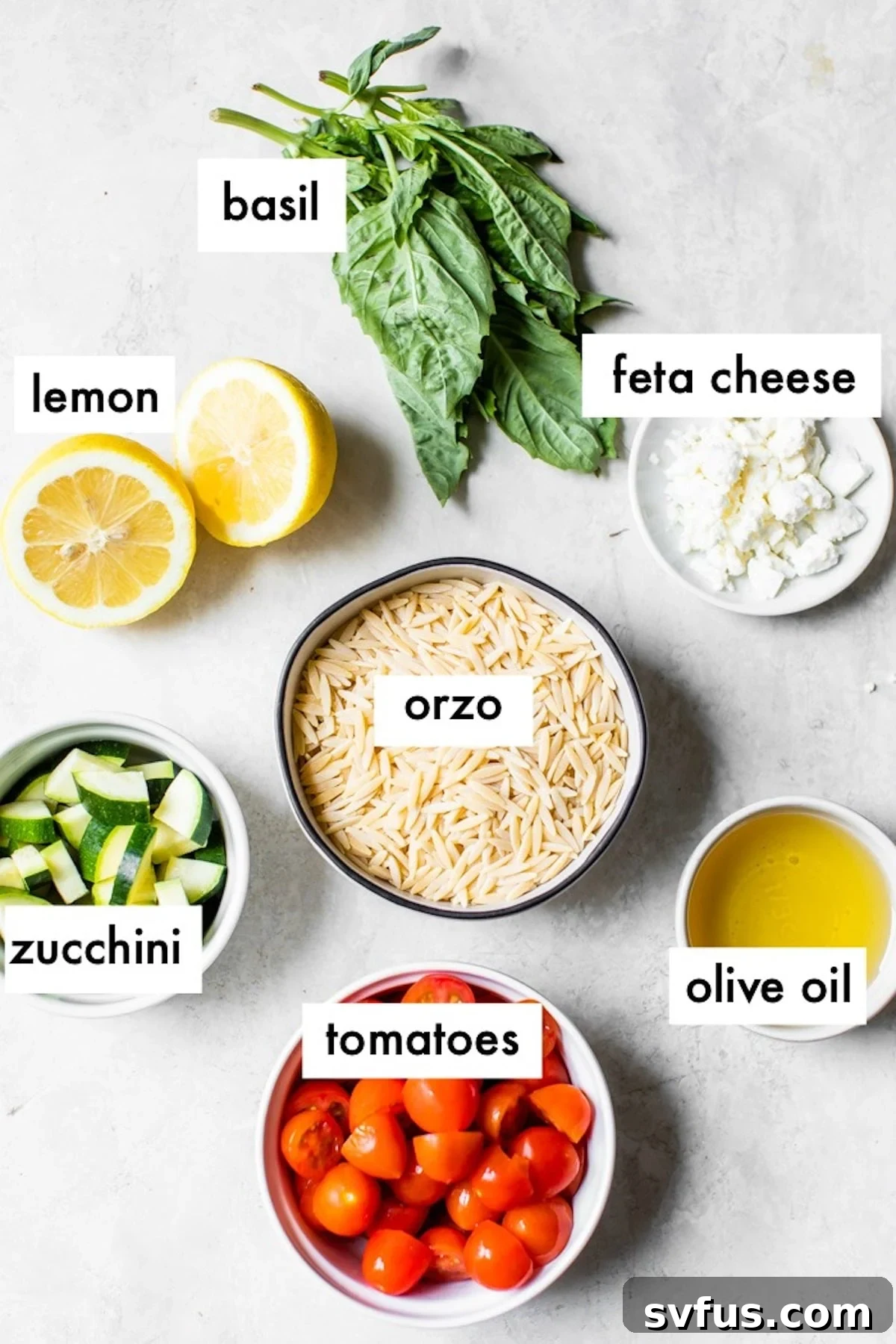 Various fresh ingredients laid out for making orzo salad, including dried orzo pasta, ripe red tomatoes, and vibrant green basil leaves.