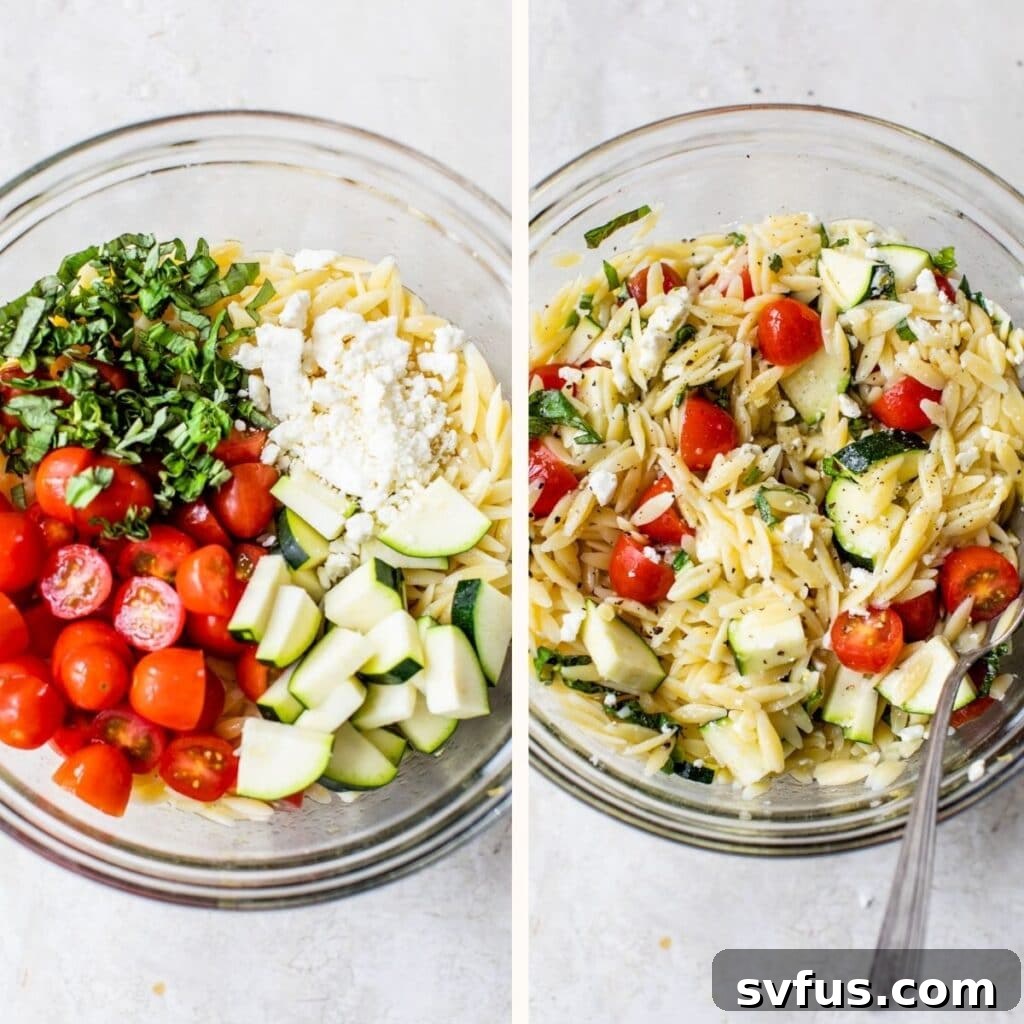 A glass bowl showcasing a colorful mix of orzo pasta, chopped red tomatoes, green zucchini, fresh basil, and crumbled feta cheese, all tossed together.