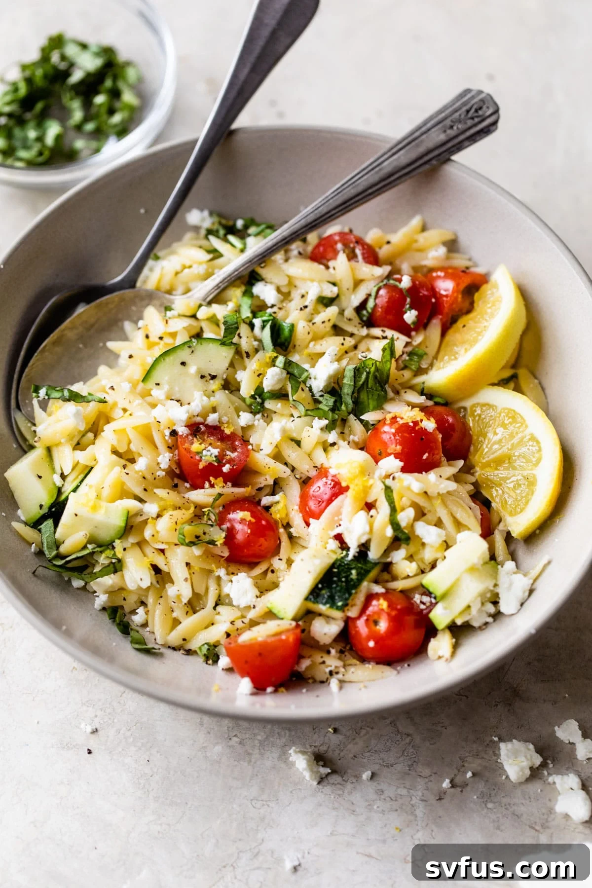 A beautiful bowl of Lemon Orzo Salad, bursting with fresh lemon, fragrant basil, and juicy tomatoes, ready to be served.