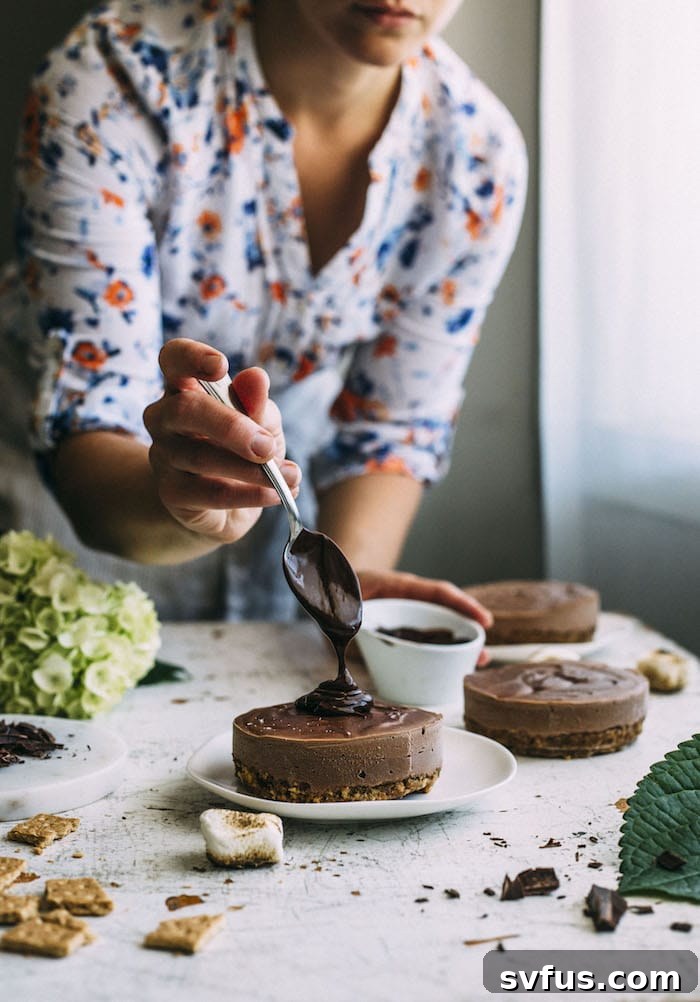 vegan s'mores cheesecakes made with soaked cashews and topped with chocolate ganache