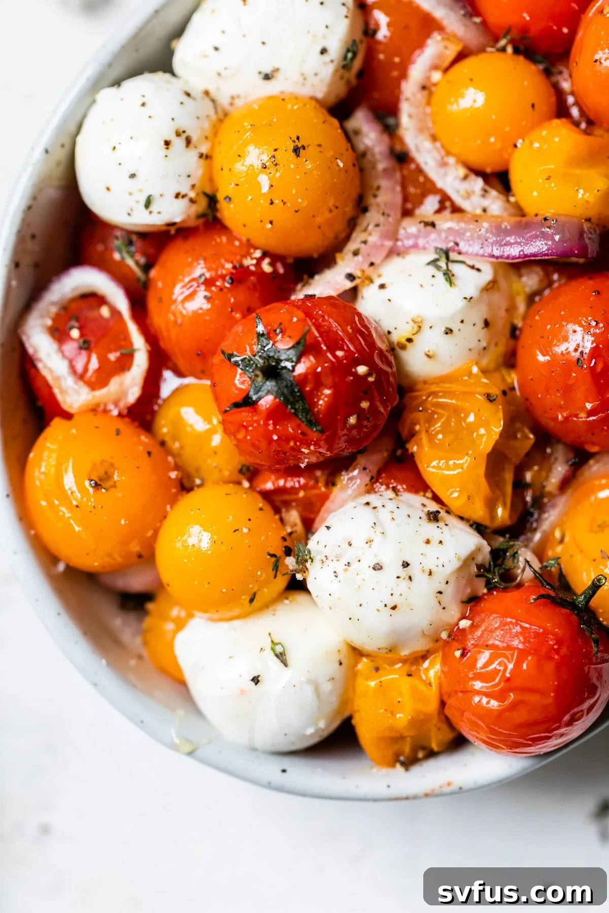Honey Roasted Tomatoes with Mozzarella on a serving dish, garnished with fresh herbs