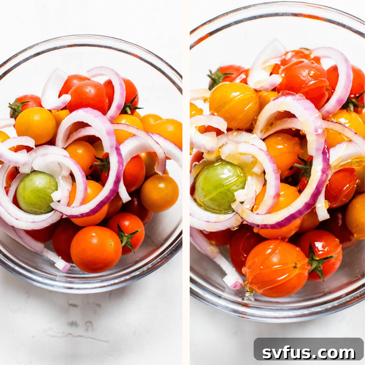 A bowl of sliced tomatoes and onion drizzled with honey and olive oil, ready for roasting