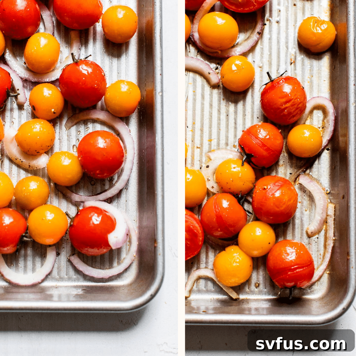 Tomatoes and red onion spread on a baking sheet, ready for the oven
