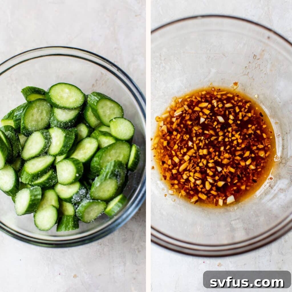 Sliced cucumbers in a bowl on the left, and a small bowl of soy sauce and minced garlic on the right, illustrating ingredients for spicy cucumber salad