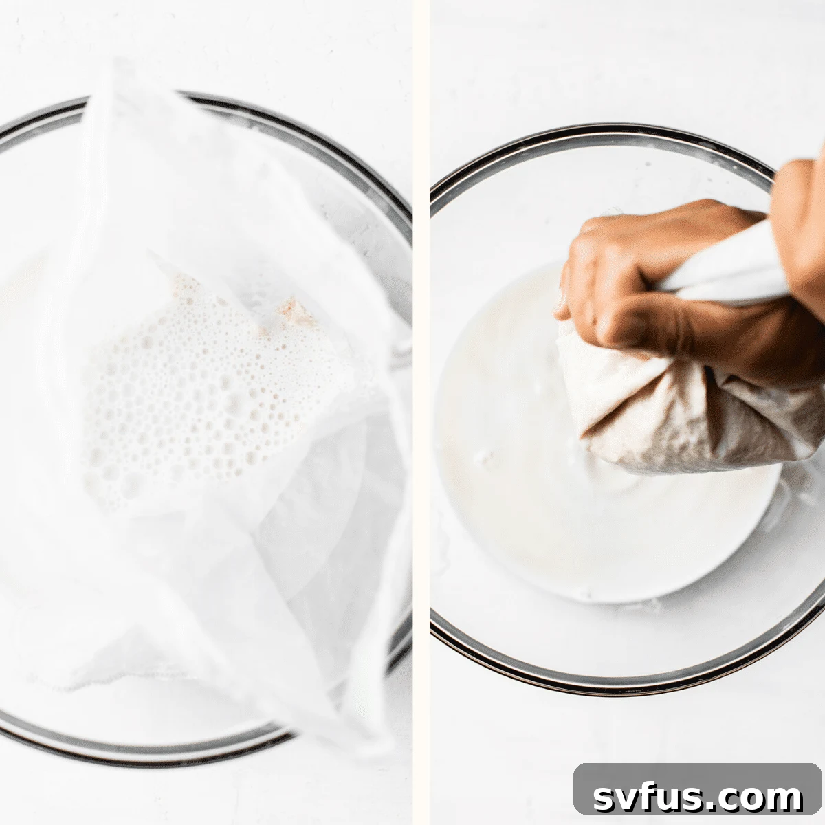 milk in a nut milk bag