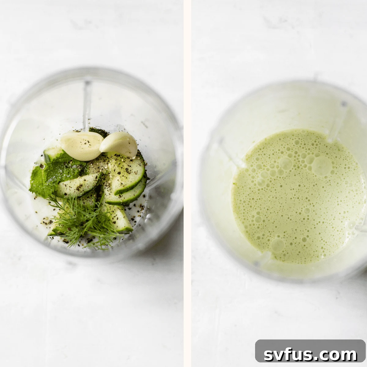 Freshly blended homemade tzatziki sauce, featuring cucumber, garlic, dill, and mint, swirling in a high-speed blender, creating a smooth and creamy texture.