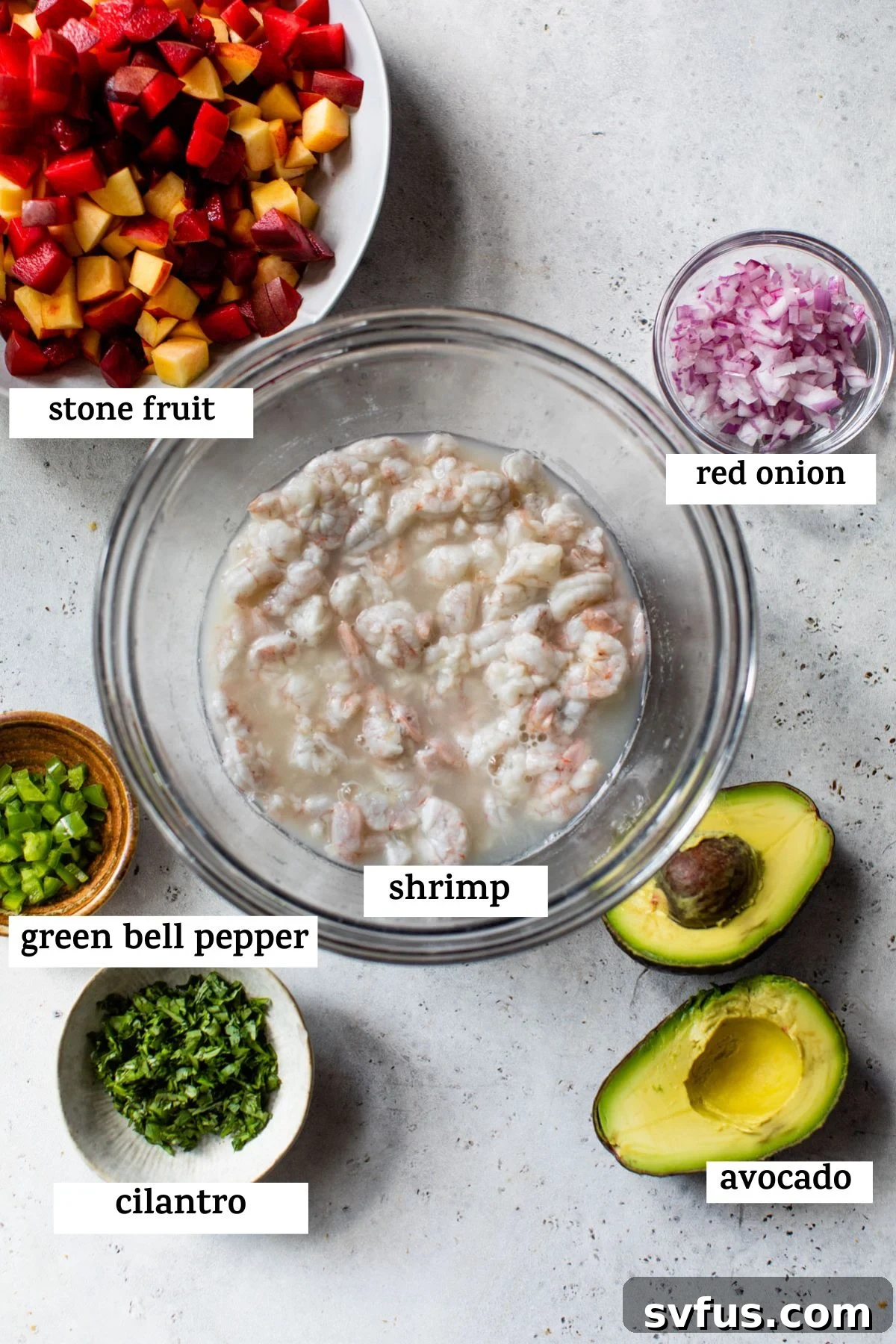 All the fresh ingredients for Stone Fruit Ceviche laid out on a table: raw shrimp, whole limes, peaches, nectarines, a plum, red onion, jalapeño, cilantro, and avocados.