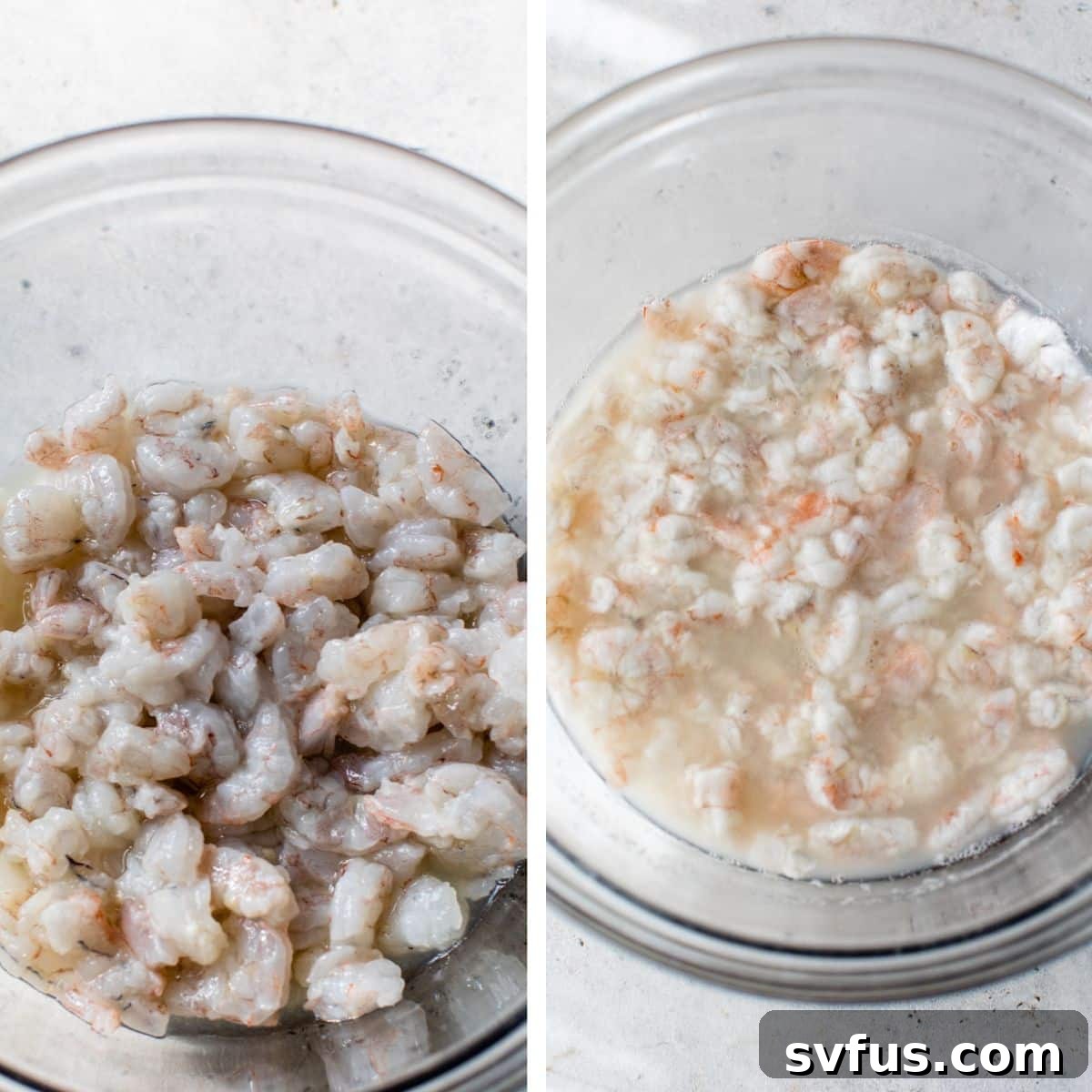 Two images side by side. The left image shows raw, gray shrimp in a glass bowl. The right image shows the same shrimp in lime juice, beginning to turn pink as it marinates, indicating it's 'cooking'.