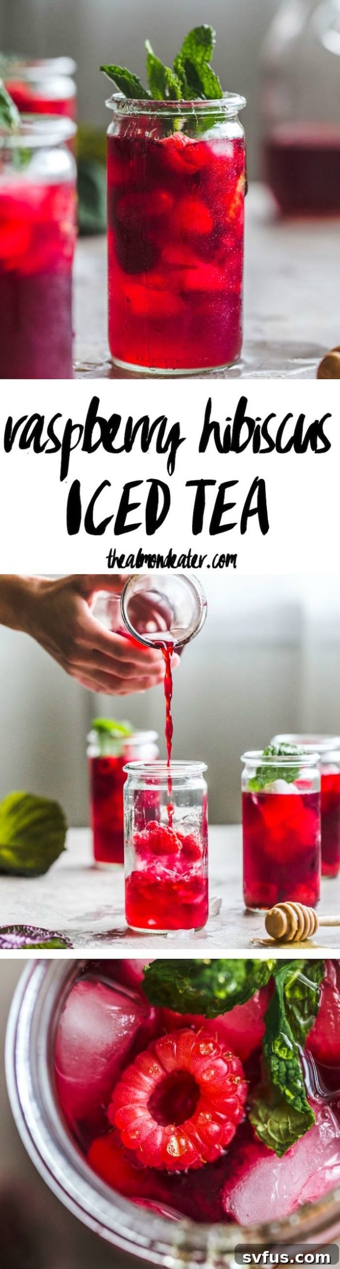 A top-down shot of Raspberry Hibiscus Iced Tea in a glass, with a garnish of mint and raspberries.