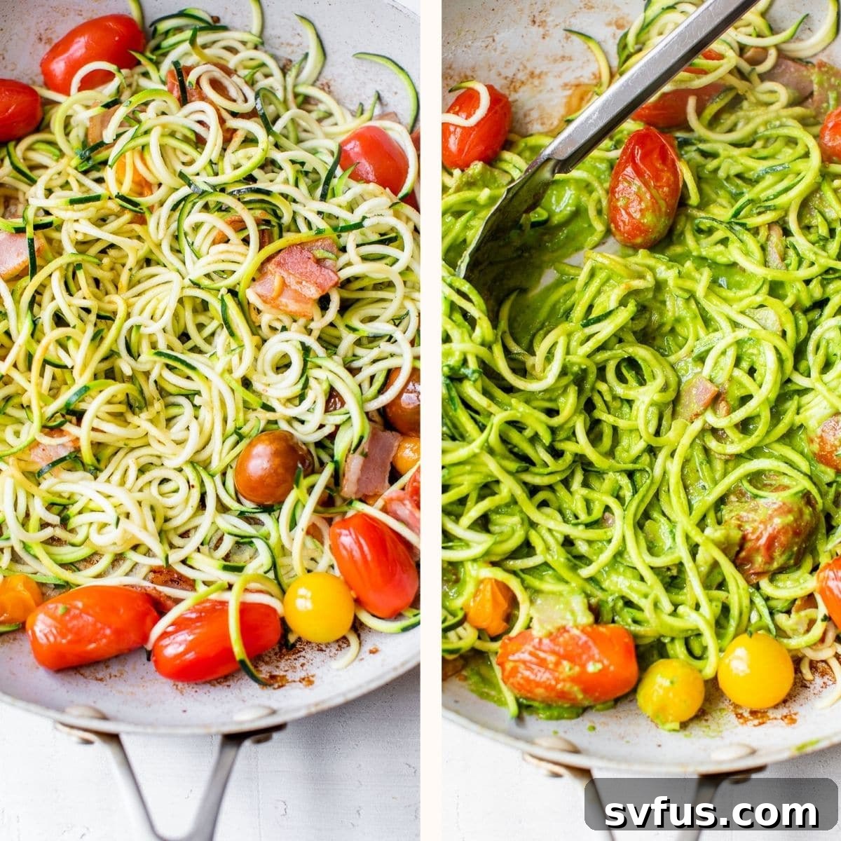 zucchini noodles in a skillet with tomatoes and bacon, tossed with pesto