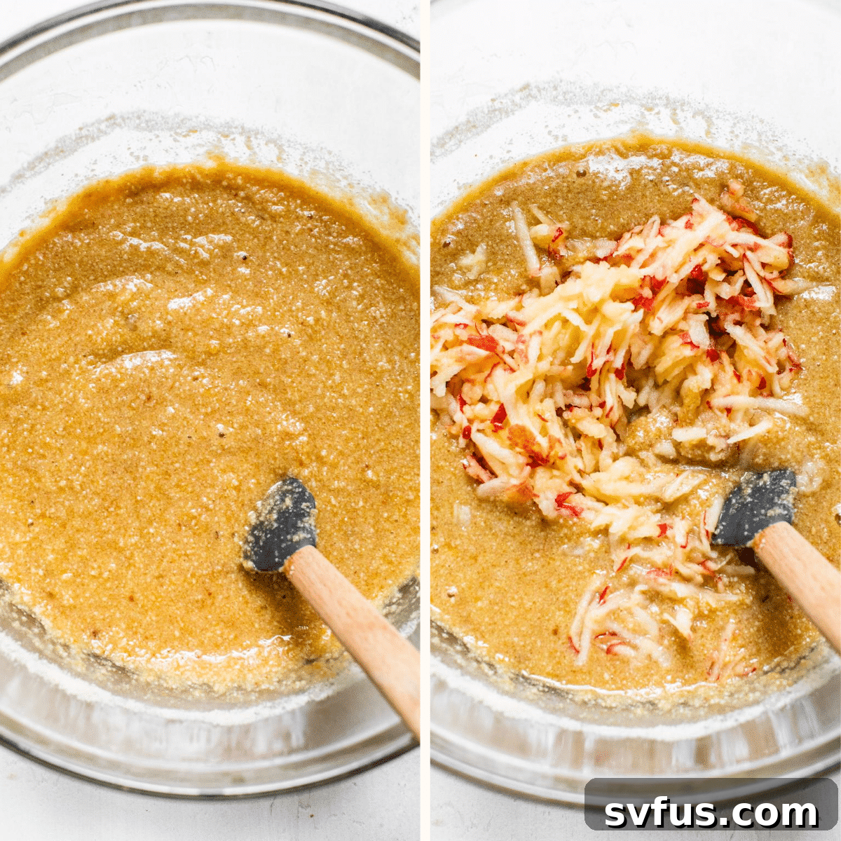 Close-up of a bowl of cake batter with freshly shredded apples folded in, showcasing the perfect consistency and readiness for baking.