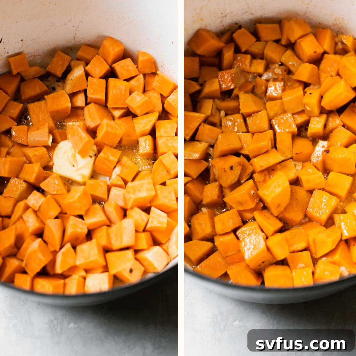 Cubed sweet potatoes, shallots, and garlic sautéing in a Dutch oven