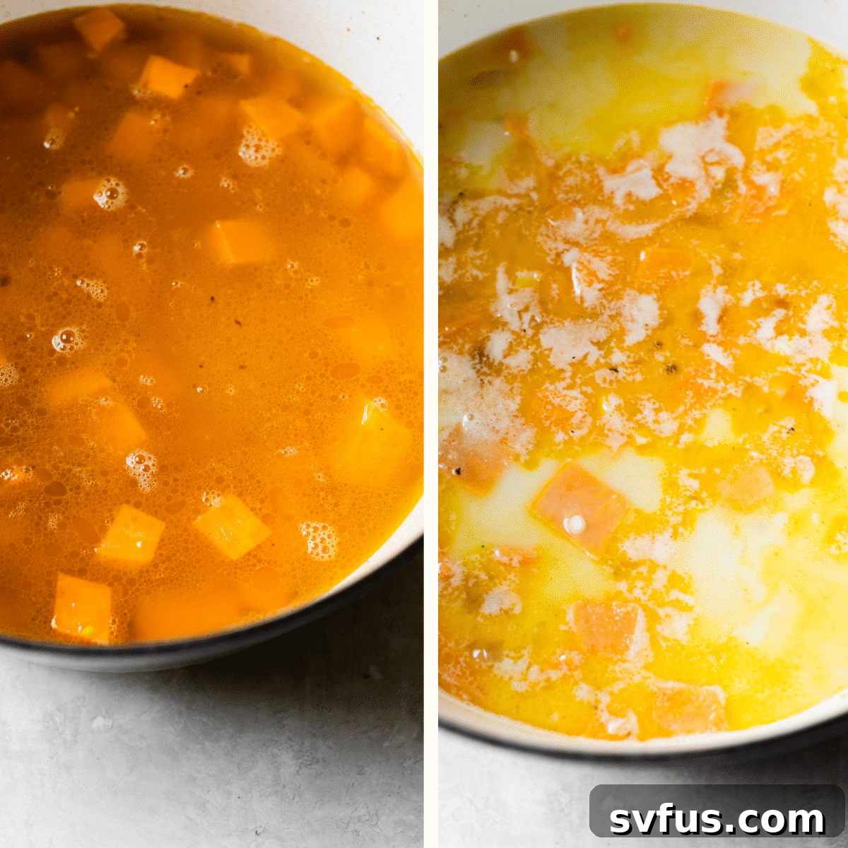 Creamy soup simmering gently in a Dutch oven