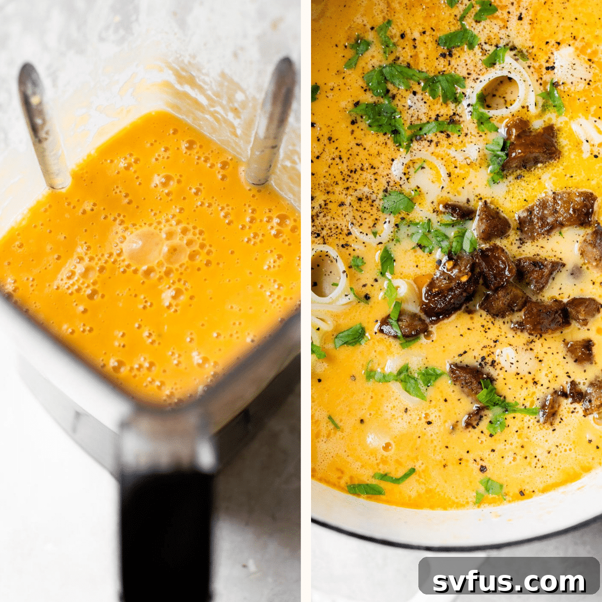 Half of the soup being blended to a creamy consistency