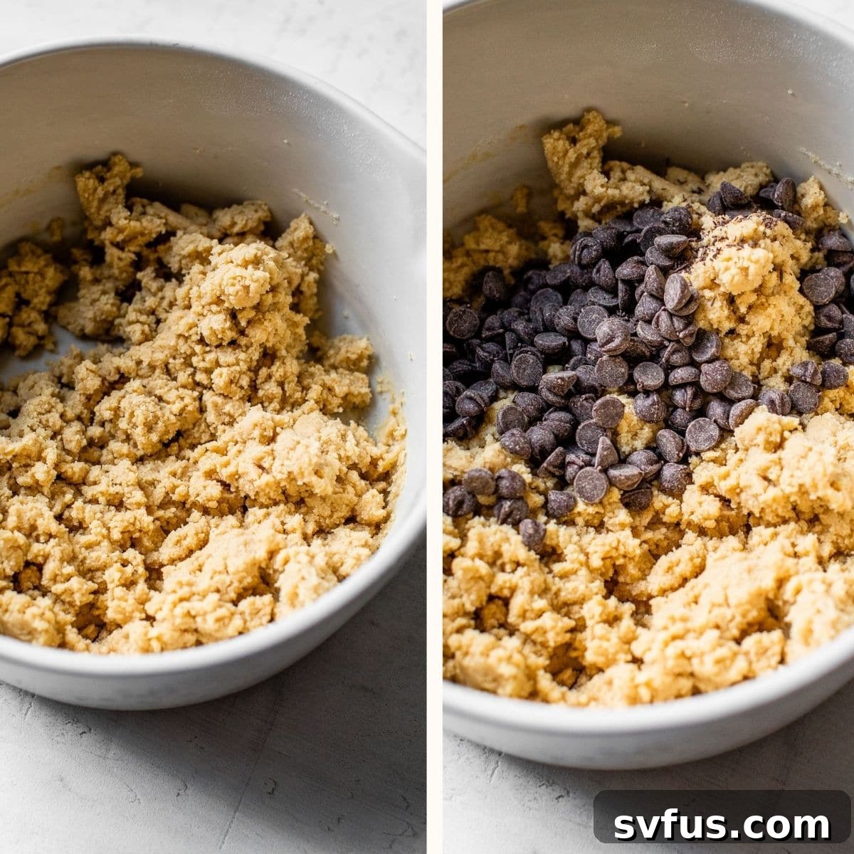 Vegan chocolate chip cookie dough in a bowl, studded with numerous chocolate chips, ready for baking