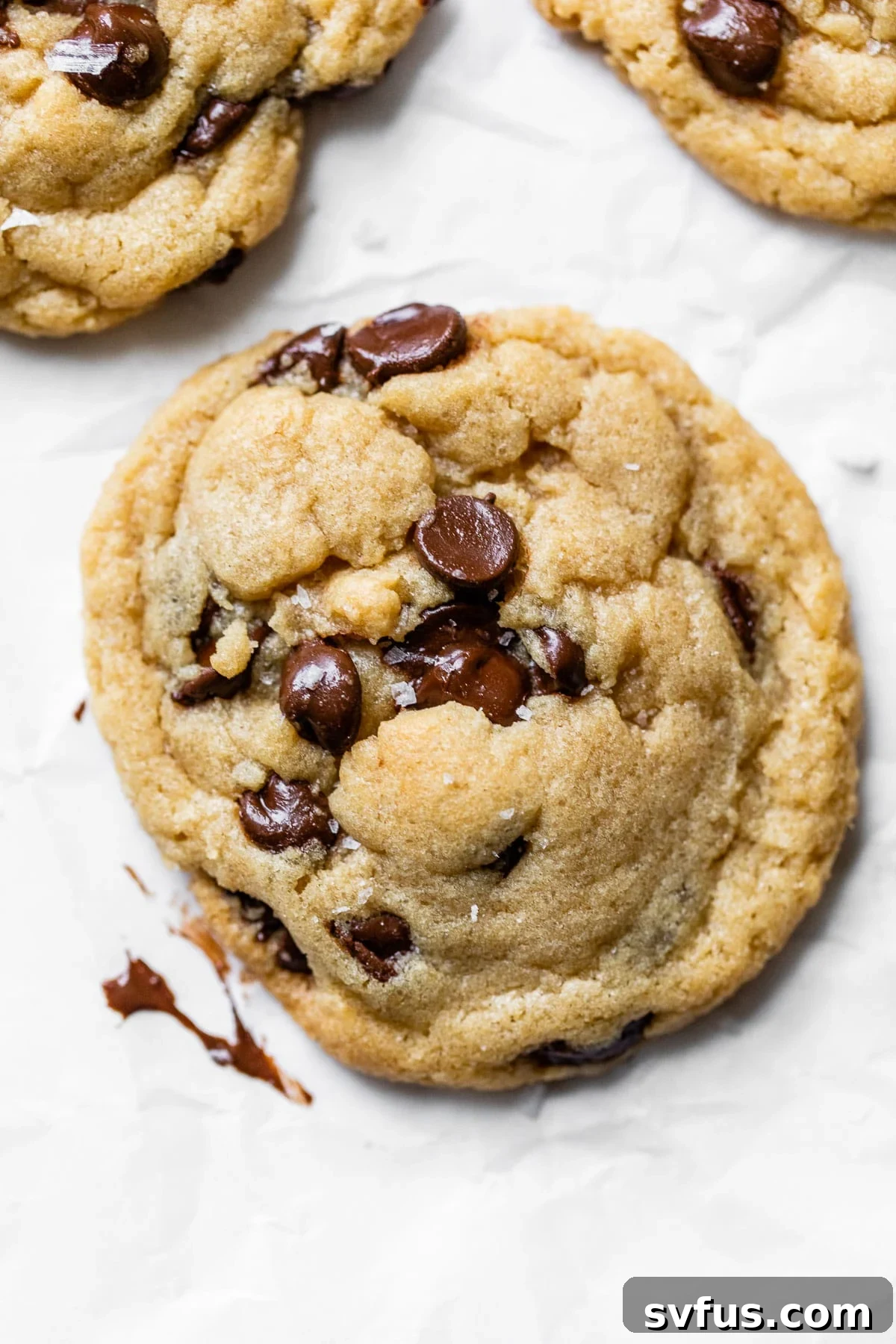 A freshly baked vegan chocolate chip cookie resting on parchment paper, showcasing its perfect golden-brown color and soft texture