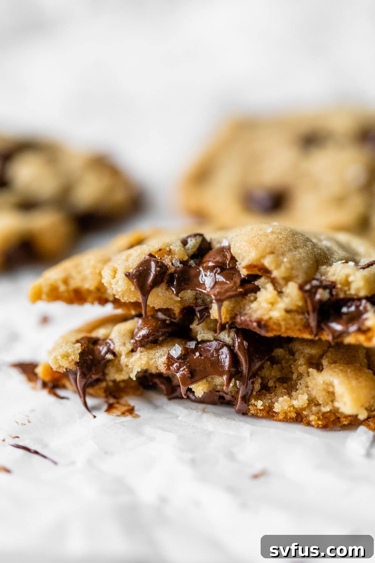 A close-up of a warm, brown vegan chocolate chip cookie with melted chocolate chips, highlighting its soft, inviting texture