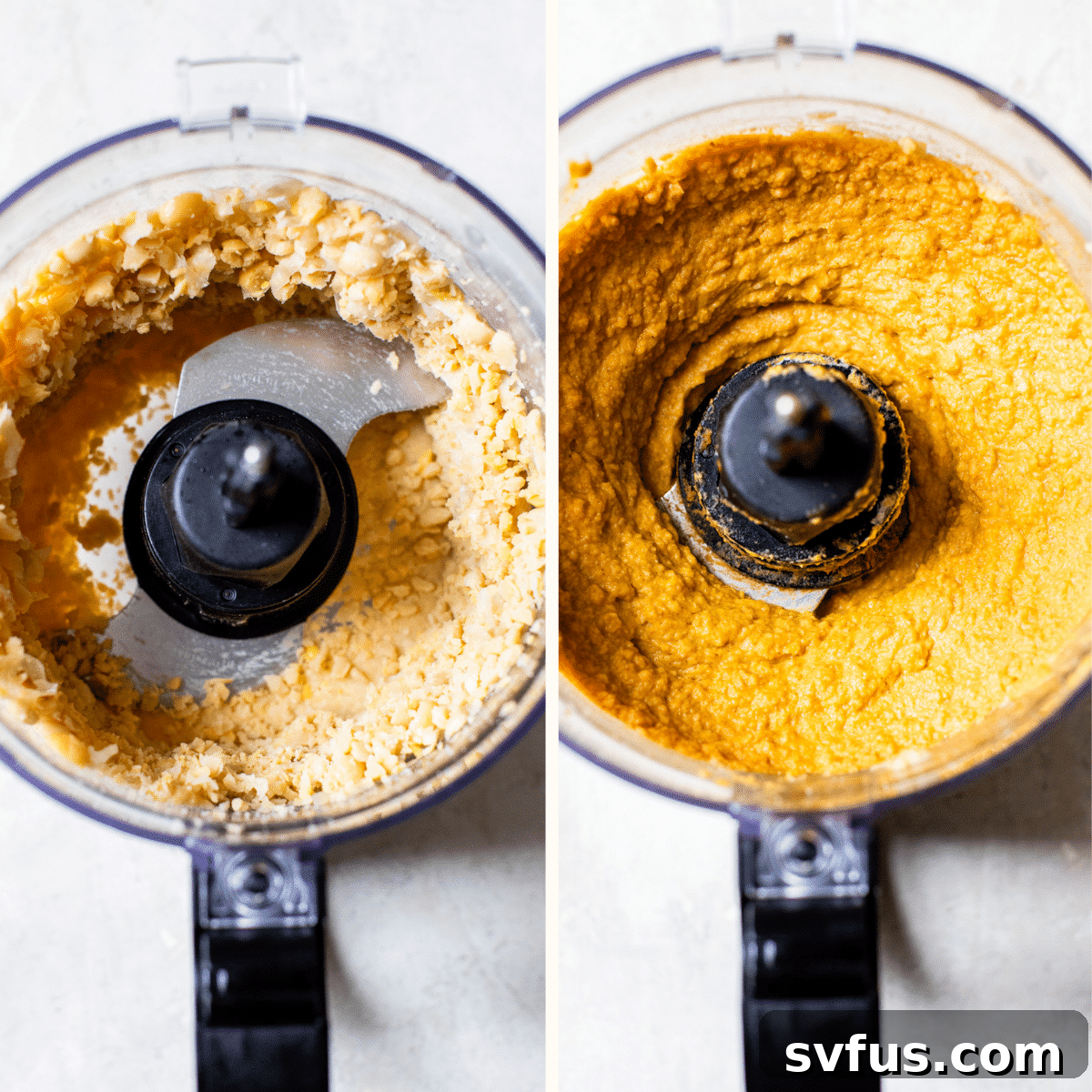 Close-up of pulsed chickpeas in a food processor, showing their coarse texture before other ingredients are added.