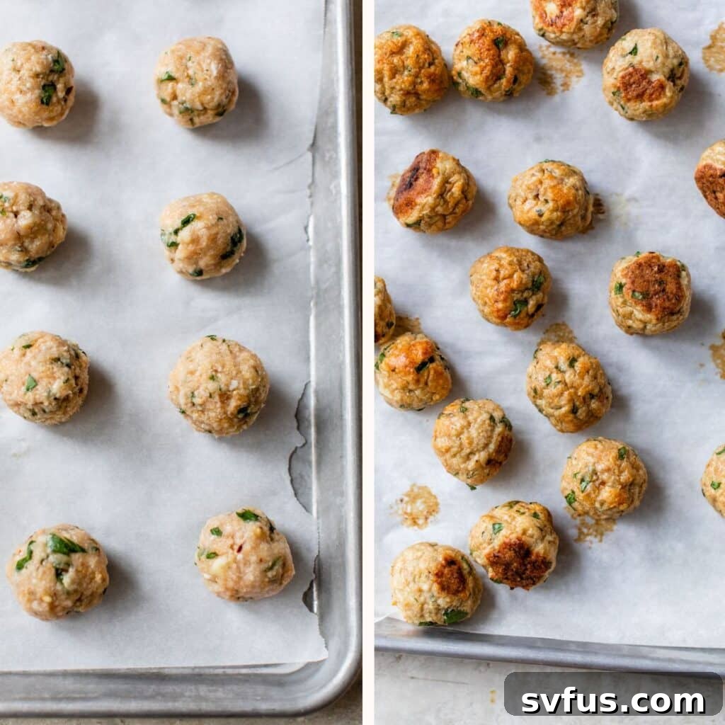 A baking sheet showing raw, formed chicken meatballs ready for baking on one side, and on the other, the same meatballs after baking, golden brown and cooked through.