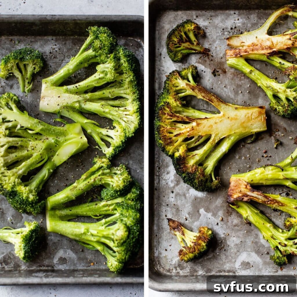 A dual image: On the left, raw, vertically sliced broccoli is neatly arranged on a baking sheet. On the right, the same broccoli is shown perfectly roasted with caramelized edges.
