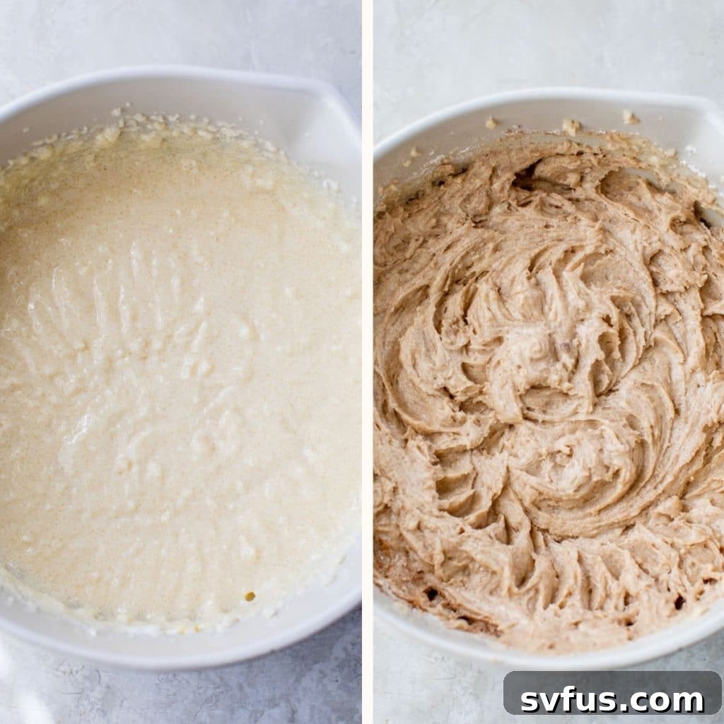 Thick cake batter in a large white mixing bowl, ready for the next step of baking.