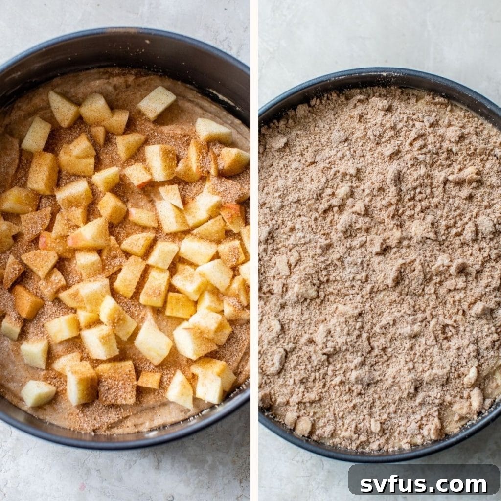 The apple coffee cake batter layered in a springform pan, topped with streusel and ready for baking.