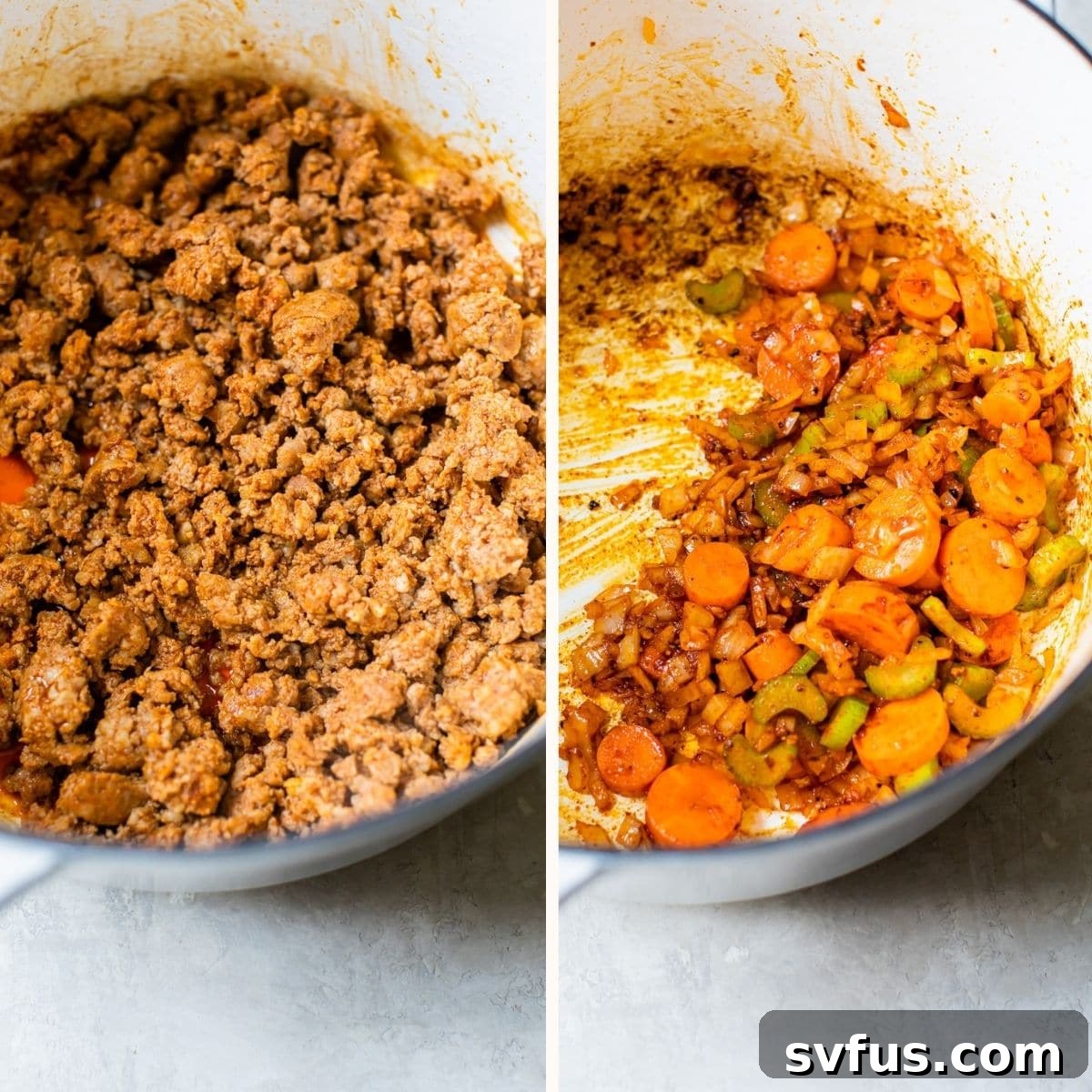 Spicy sausage and aromatic vegetables sautéing in a Dutch oven, creating a rich and savory base for the soup.