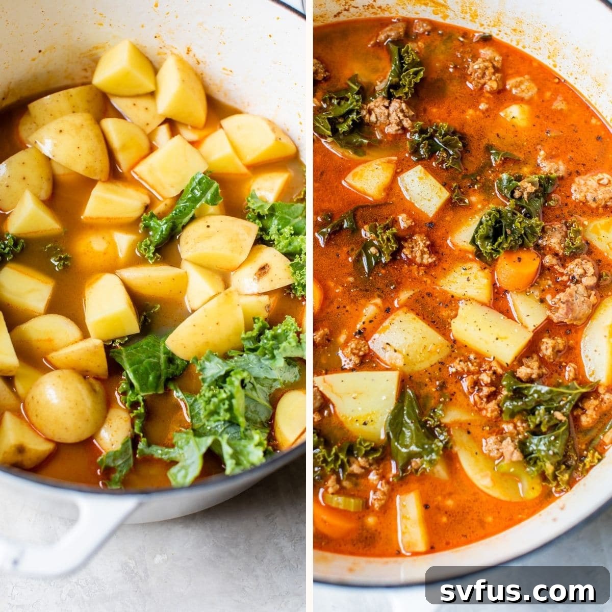 A large pot of Spicy Sausage Potato Soup simmering on the stovetop, with tender potatoes, kale, and sausage submerged in a rich broth.