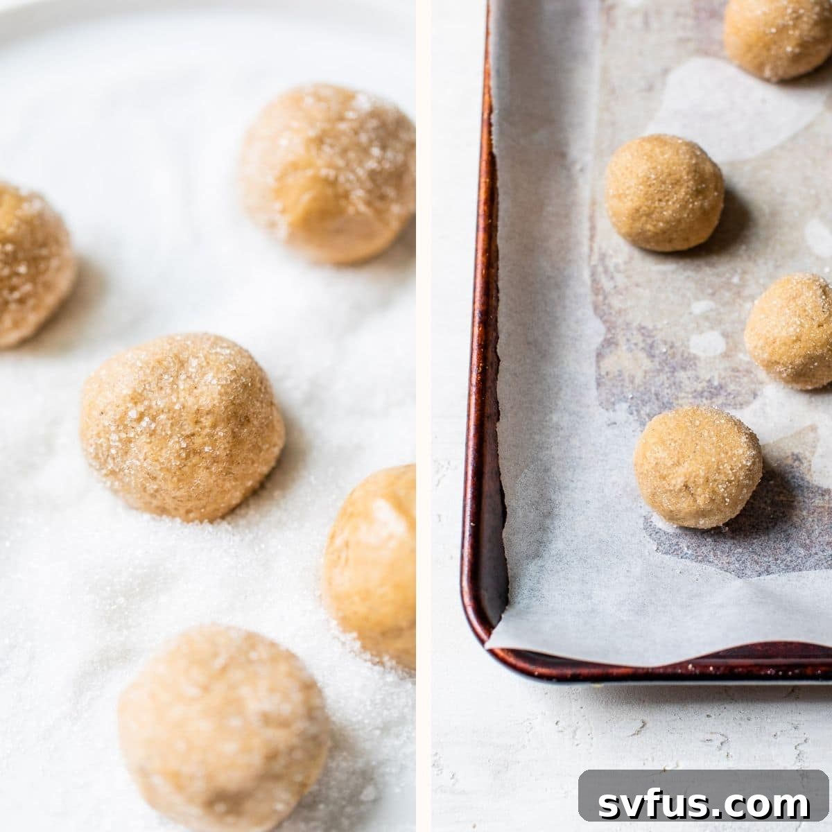 balls of dough covered in sugar on a baking sheet
