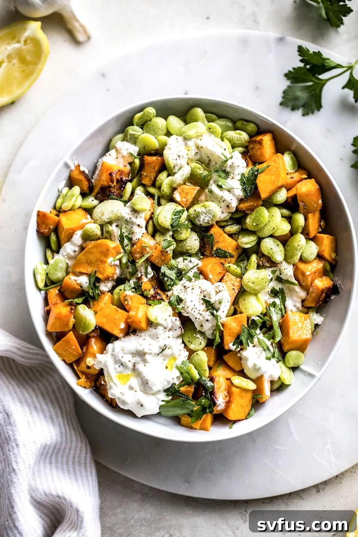 A vibrant bowl of Lima Bean Salad with roasted sweet potatoes, fresh garlic, and creamy burrata cheese, garnished with fresh herbs, ready to be served.