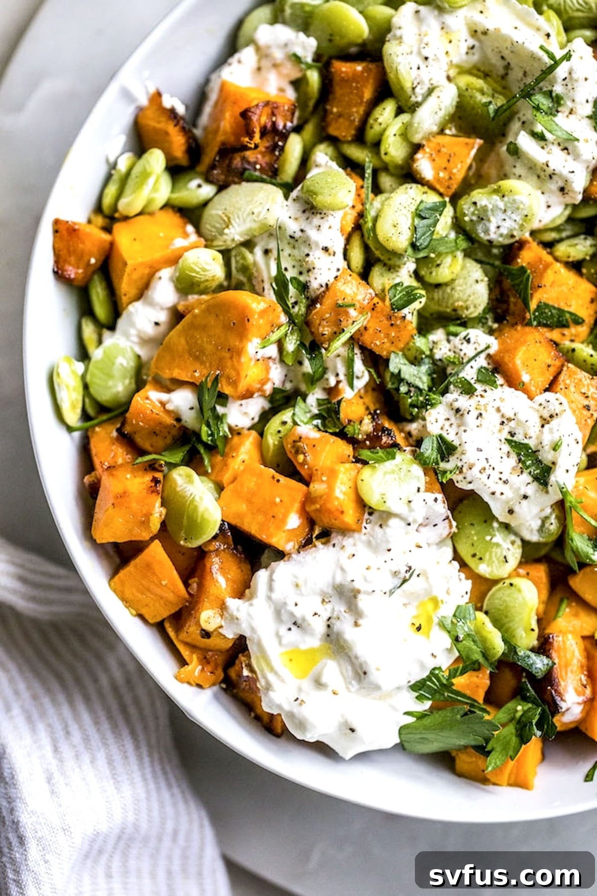 A close-up, appetizing view of the Lima Bean Salad, highlighting the tender beans, sweet potato chunks, and melted-like burrata, garnished with fresh herbs.