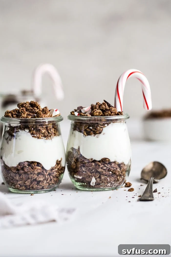 Delicious homemade chocolate peppermint granola scattered on a tray