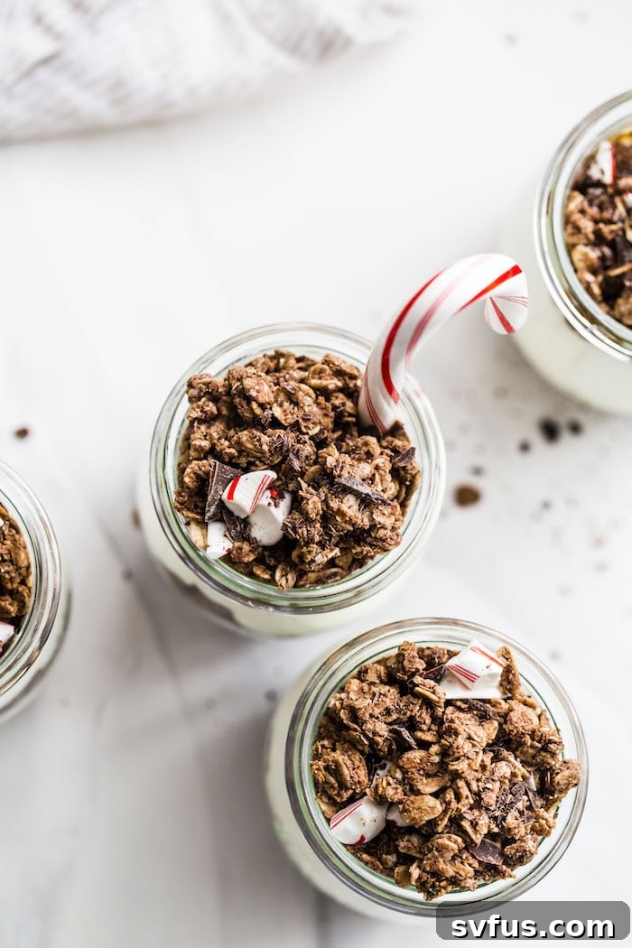 Close-up of baked chocolate peppermint granola, showing its texture and ingredients