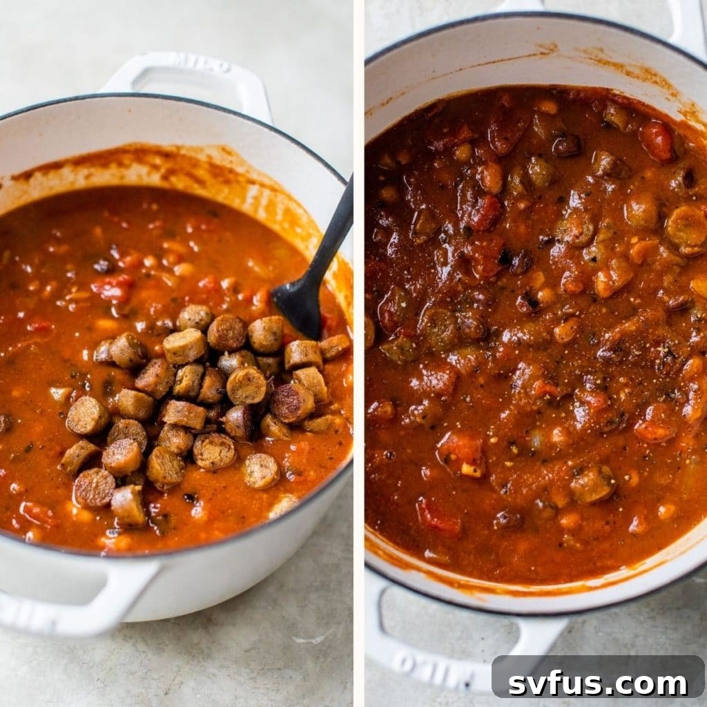 chili with sausage in a dutch oven