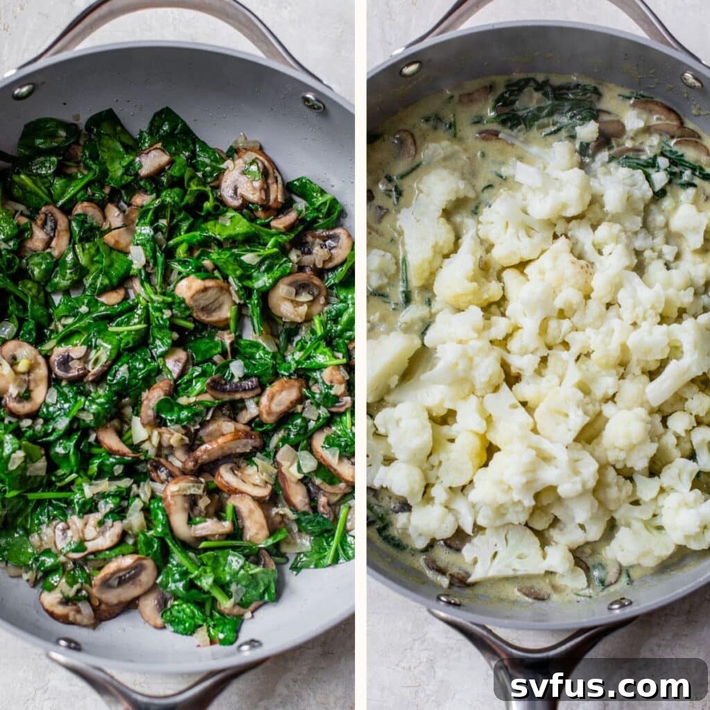 On the left, cooked mushrooms and spinach in a skillet; on the right, a bowl of cooked cauliflower florets.