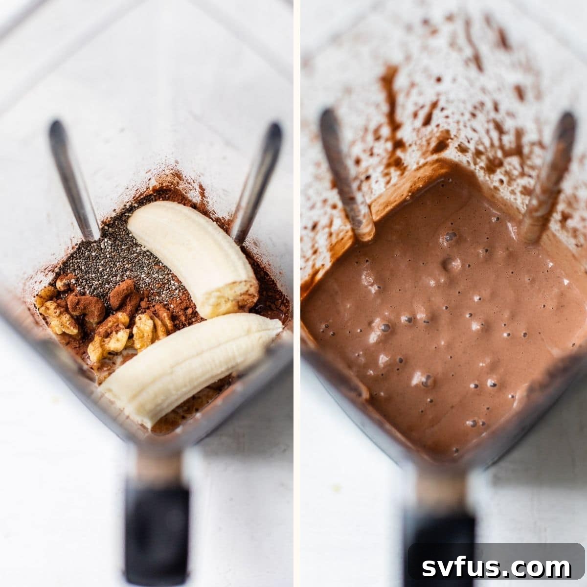 Chocolate walnut smoothie ingredients being blended smoothly in a high-speed blender