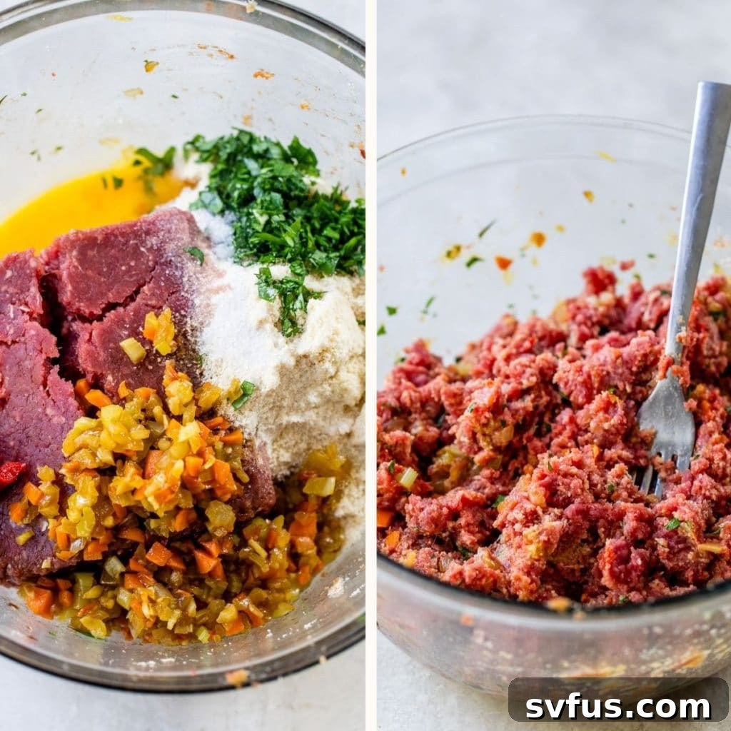 Raw ground beef, whisked eggs, and diced sautéed vegetables in a large glass bowl, ready to be mixed for meatloaf.