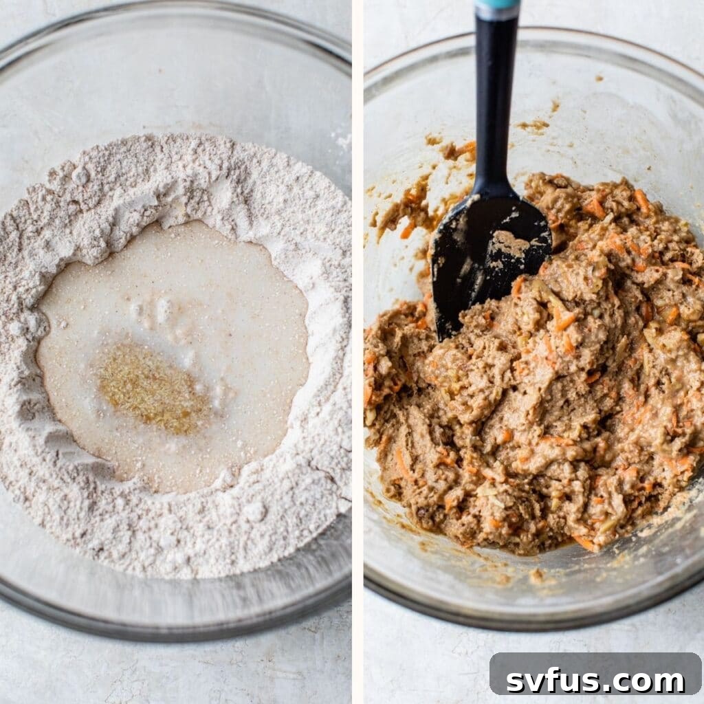 Two bowls: one containing the sifted dry ingredients, and the other with the mixed wet ingredients, ready to be combined.
