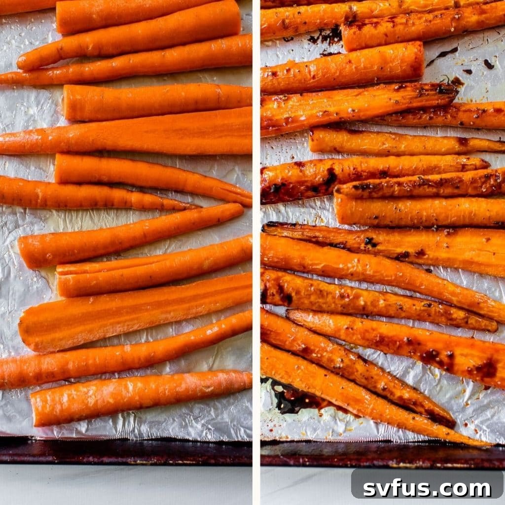 Maple glazed carrots roasting on a foil-lined baking sheet, halfway through the cooking process.