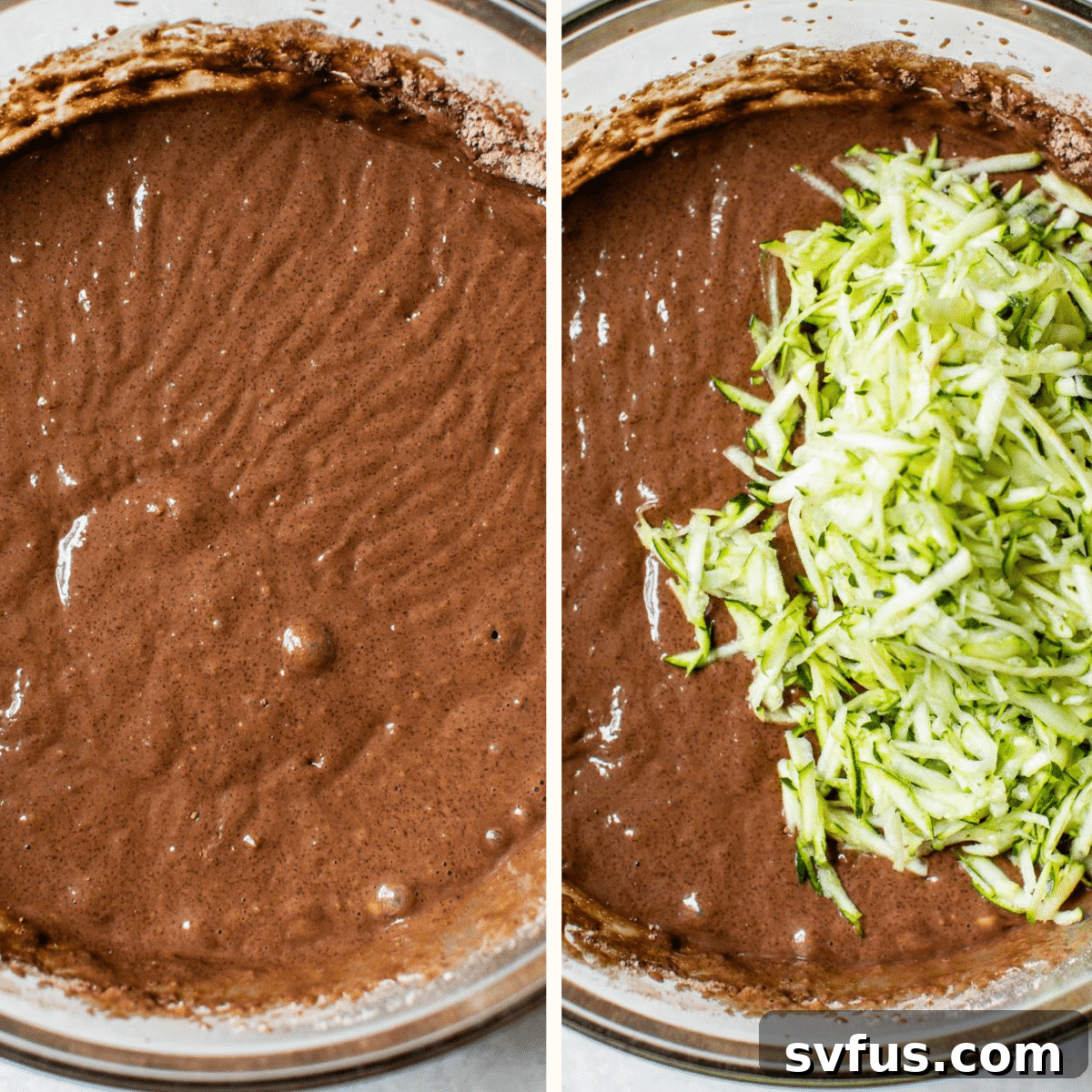 Close-up of chocolate cake batter mixed with shredded zucchini in a large bowl, showing its moist texture.