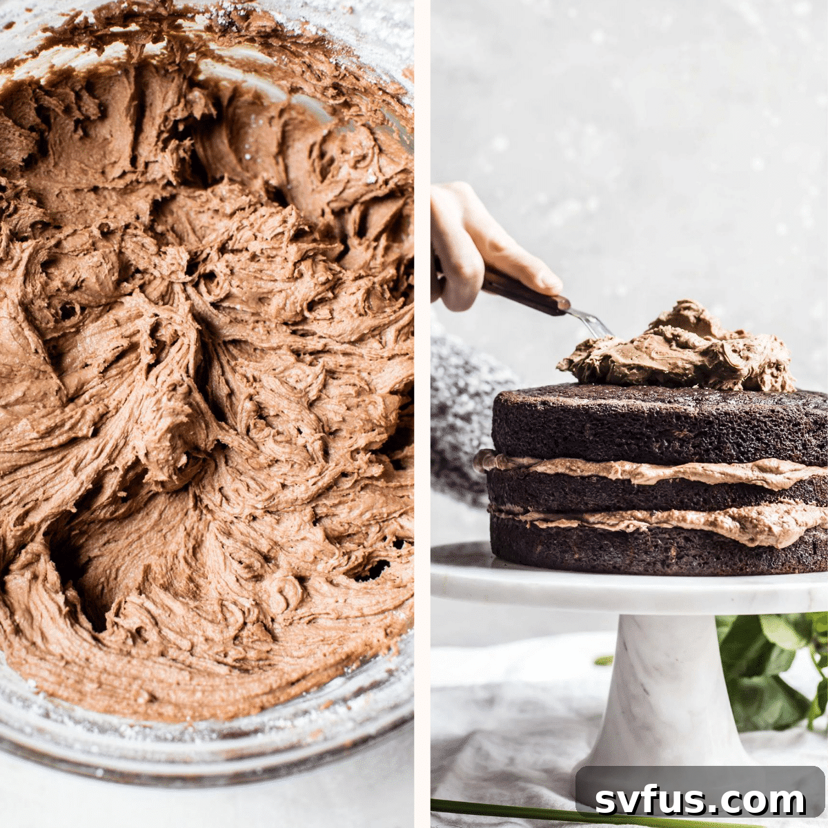 Close-up of a bowl filled with rich chocolate buttercream frosting next to a chocolate cake layer.