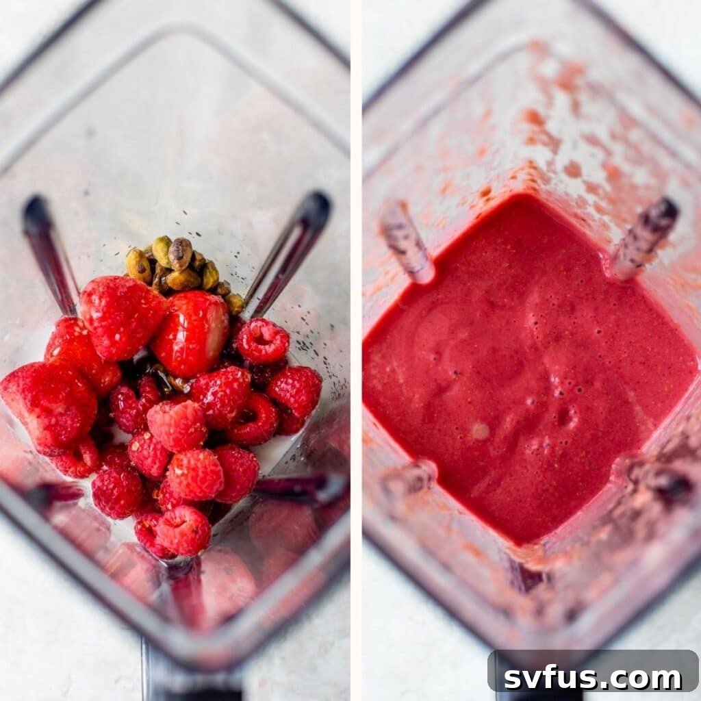 Two images side-by-side: on the left, raspberries, strawberries, and pistachios arranged in a blender; on the right, the same ingredients blended into a smooth, purple smoothie.