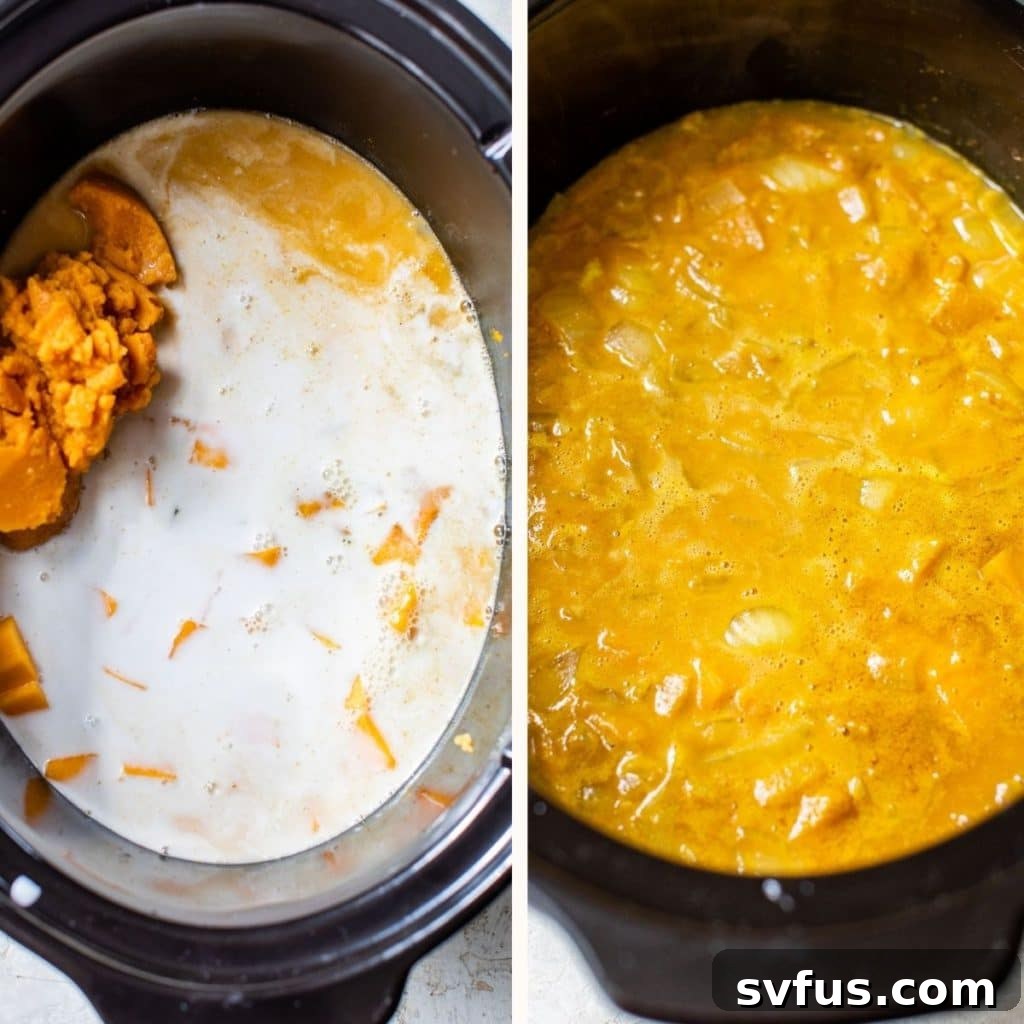 The Slow Cooker Pumpkin Curry Soup simmering in a crockpot, showcasing the vibrant orange color of the pumpkin and butternut squash.