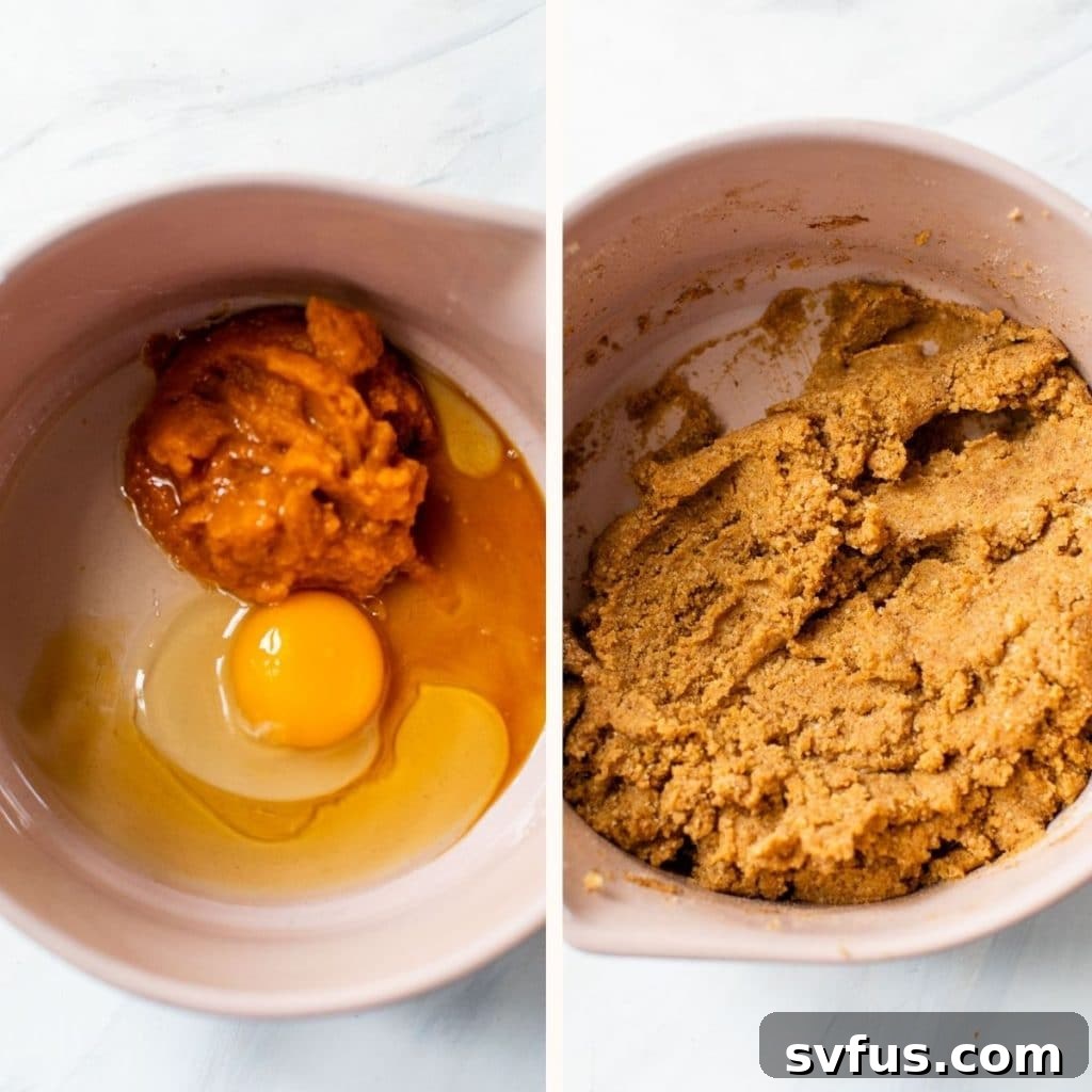 a bowl of wet ingredients next to a bowl of raw cookie dough, ready for baking