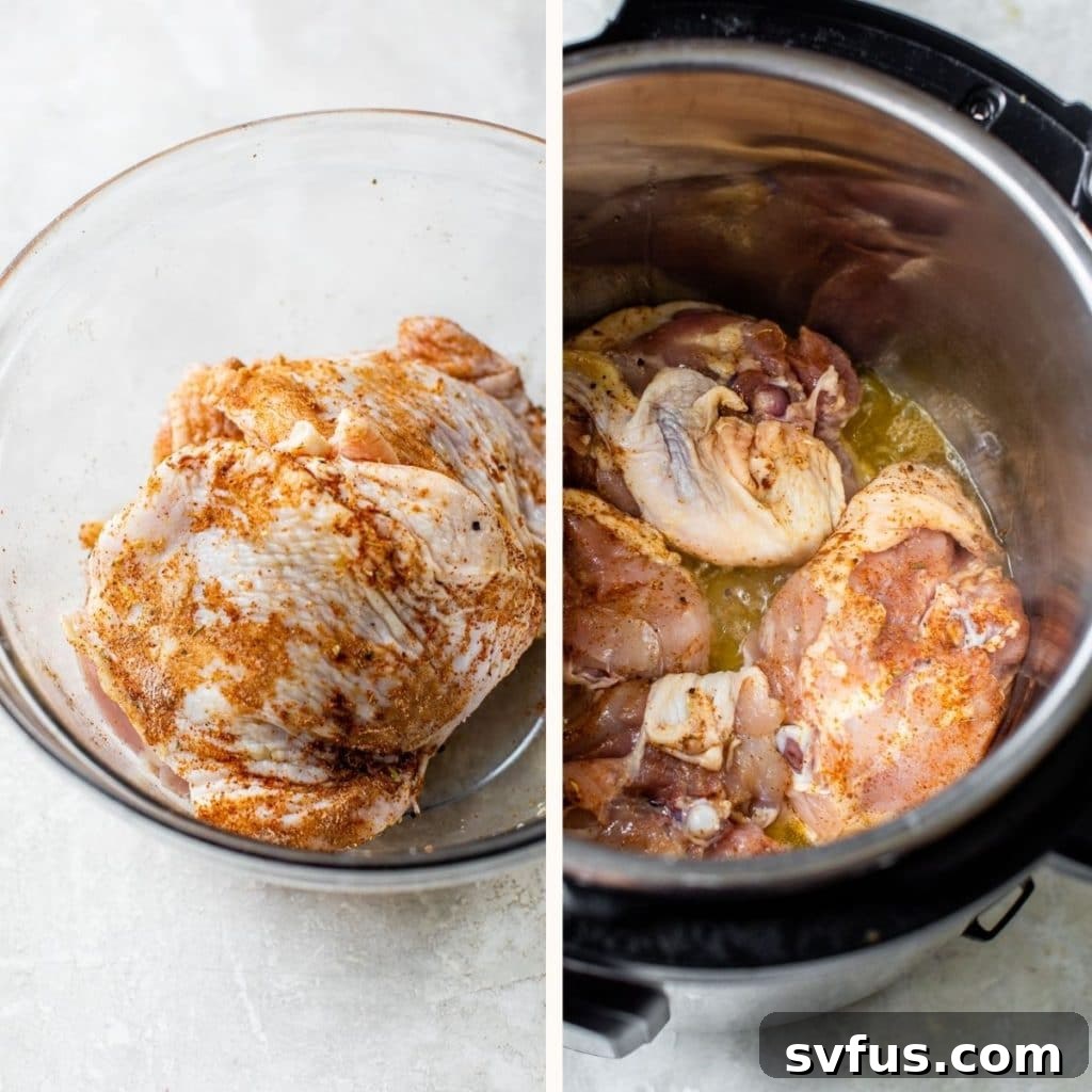Two images: seasoned chicken thighs and chicken searing in the Instant Pot